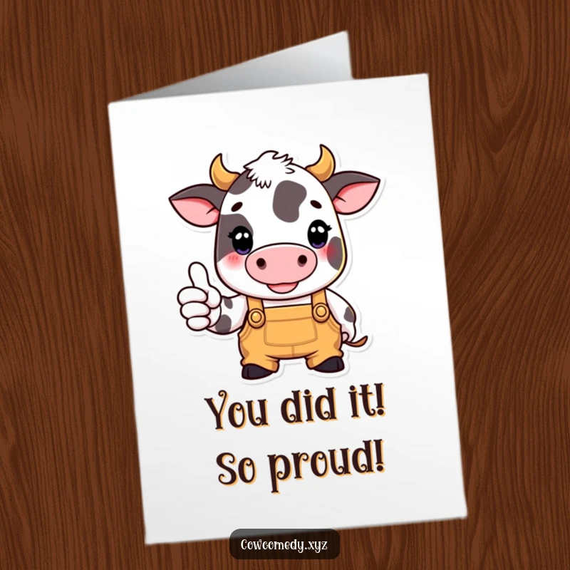 Funny Free Printable Congratulations Card: A cow dressed in overalls gives a solid thumbs up, congratulating an achievement.