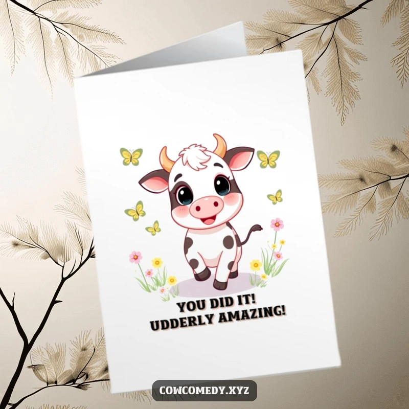 Funny Free Printable Cow Congratulations Card: A Giddy Cow Leaping for Butterflies in a Meadow