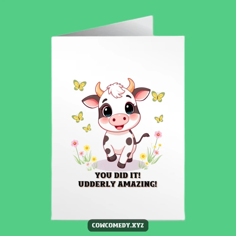 Free Printable Cow Congrats Card: Joyful Butterfly Chase Funny Downloadable Gift