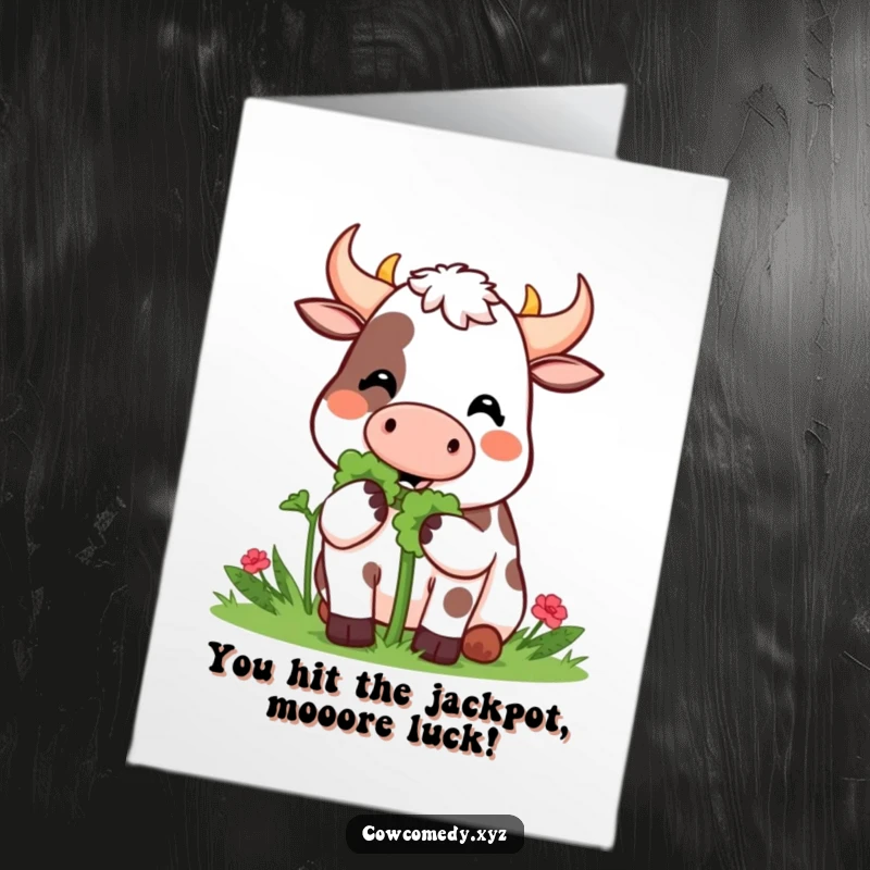 Funny Free Printable Congrats Card: Kawaii cow happily eating a giant clover, celebrating good fortune.