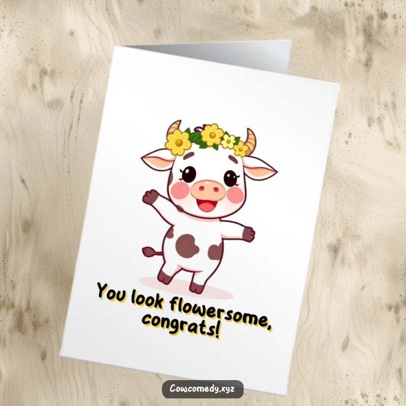 Funny free printable congratulations card showing a cow with a flower crown, dancing exuberantly to celebrate.
