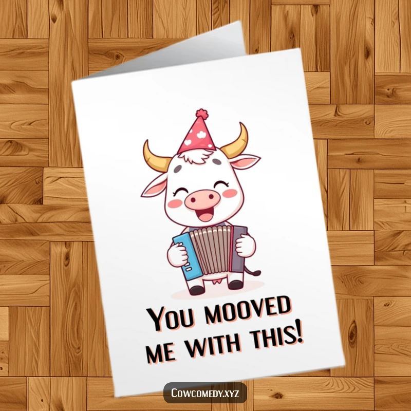 Funny Free Printable Congratulations Card: A happy cow in a party hat plays an accordion, celebrating success with festive tunes.