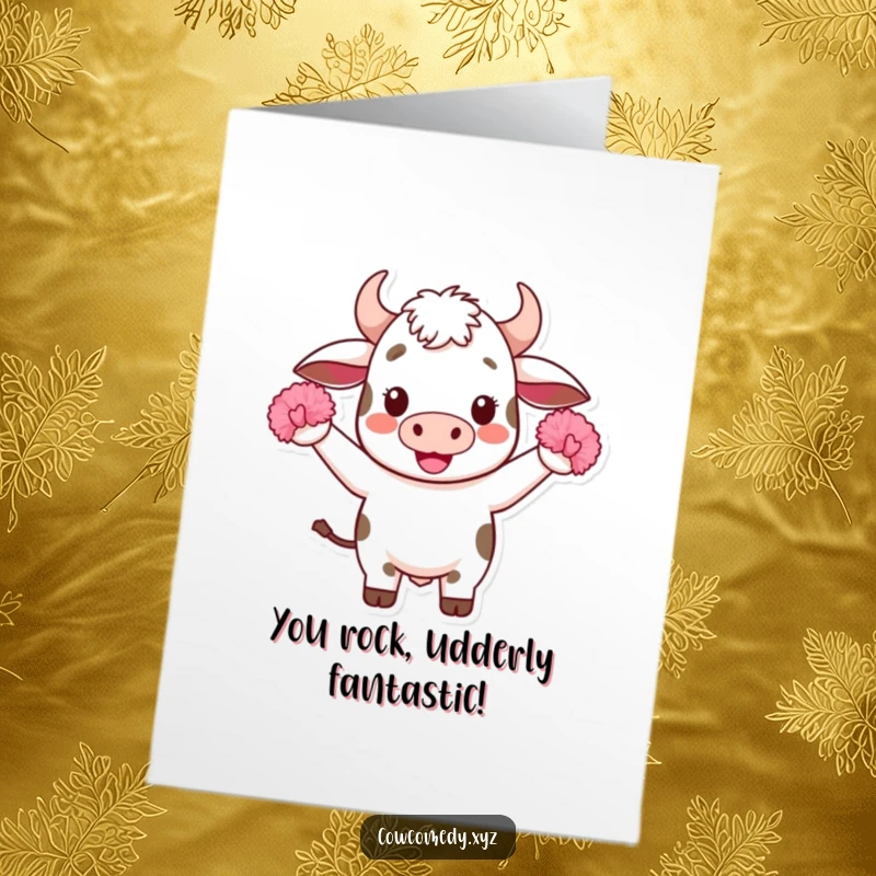 Funny Free Printable Congratulations Card: A Kawaii cow cheers wildly with pom-poms for your achievement.