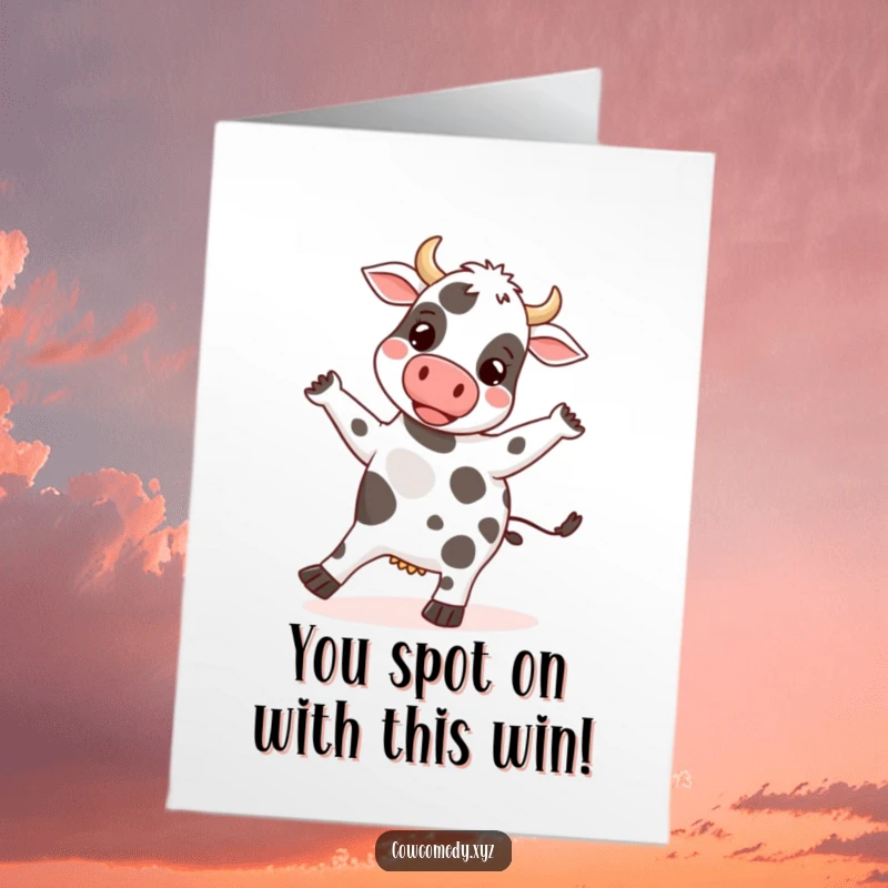 Funny Free Printable Congratulations Card: A happy cow energetically dances, its spots jiggling with excitement to celebrate a great achievement.