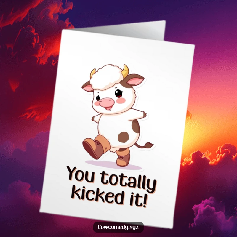 Funny Free Printable Congratulations Card: A fluffy cow wearing big boots happily kicks its legs, celebrating a success.