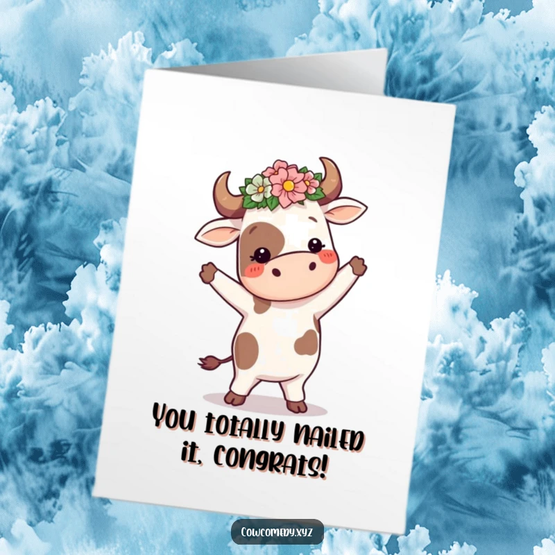 Funny Free Printable Congratulations Card: A cow wearing a flower crown is joyfully dancing to celebrate achievements.