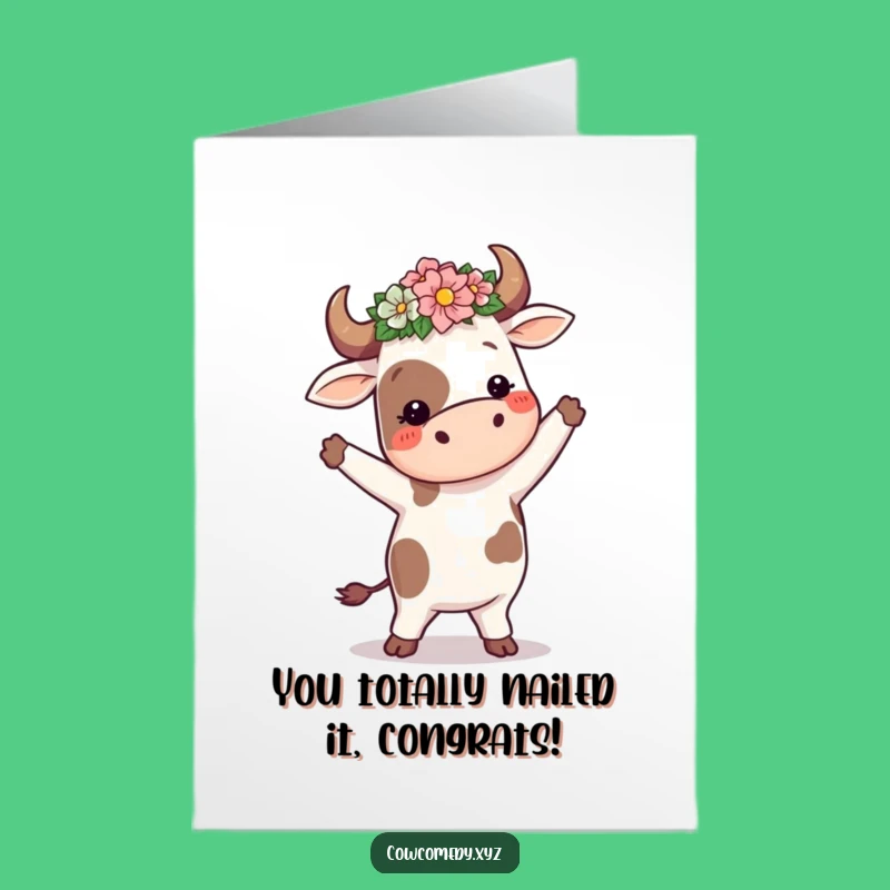 Free Printable Congrats Card: Dancing Cow Flower Crown, Downloadable & Cheerful