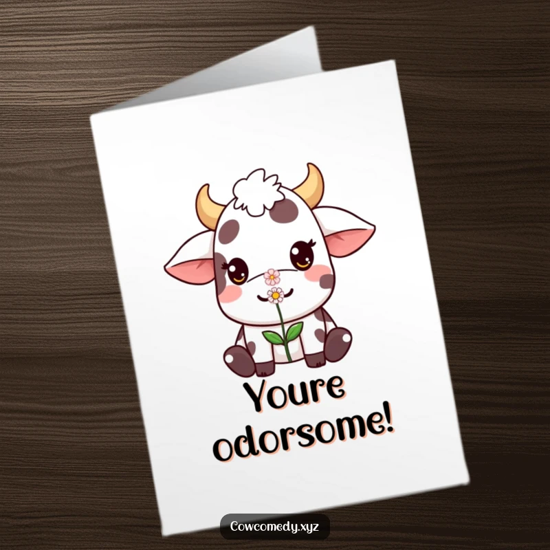 Free Printable Kawaii Cow Congratulations Card showing a happy cow character balancing a small flower on its nose, celebrating a beautiful success.