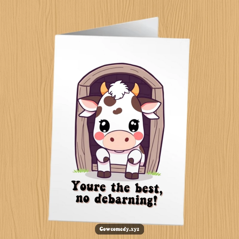 Funny Free Printable Congrats Card: Kawaii cow peeks playfully from behind a barn door, adding a fun surprise.