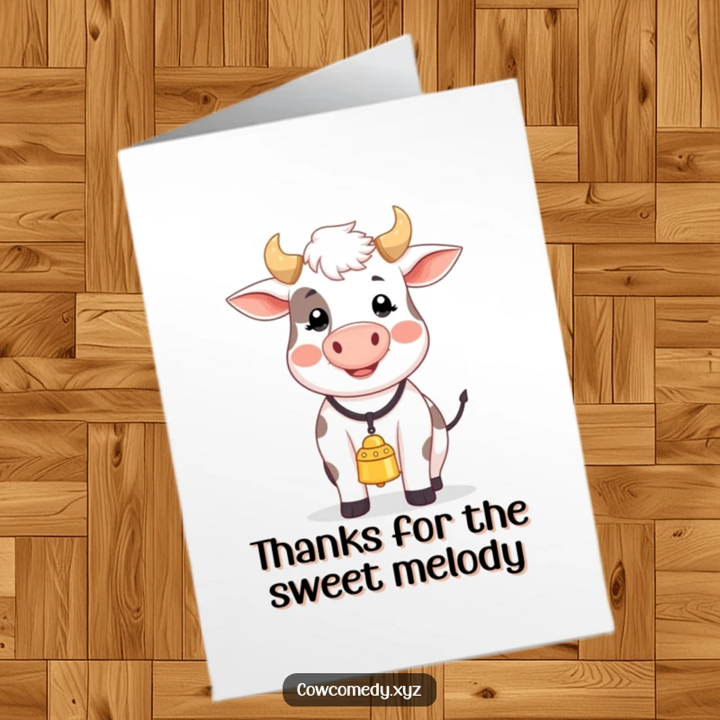 Funny free printable thank you card of a happy cow wearing a bell, singing a cheerful thank you song.