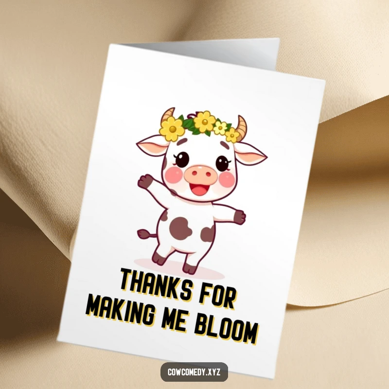 Funny free printable thank you card of a joyful cow in a flower crown, dancing to express thanks.