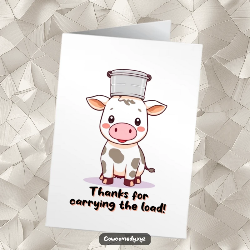 Funny free printable thank you card: a Kawaii cow balancing a milk pail on its head with great skill.