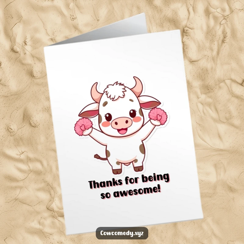 Funny Free Printable Thank You Card: A Kawaii cow cheers enthusiastically, holding pom-poms.