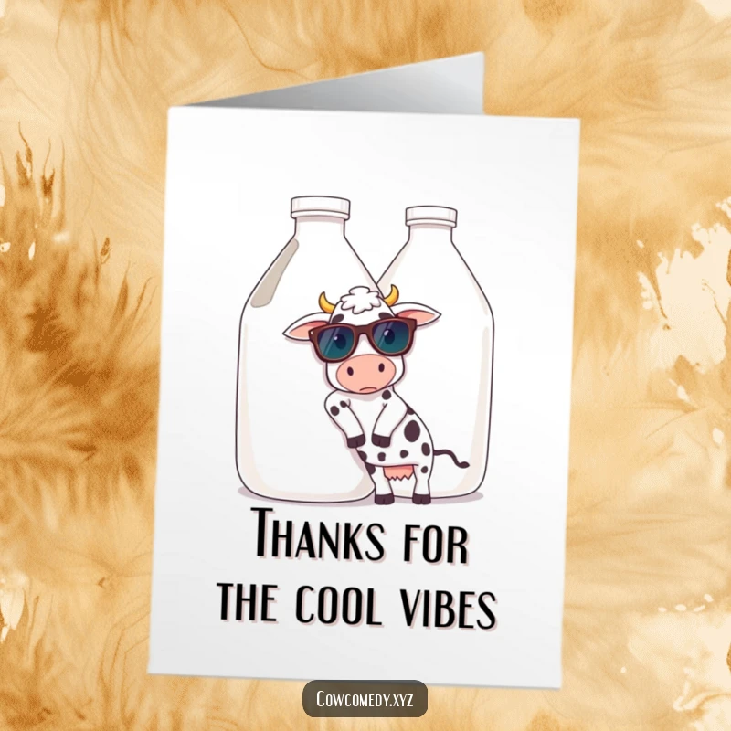 Funny Free Printable Cow Thank You Card: A Cow Wearing Sunglasses Leaning on a Giant Milk Jug, Looking Very Chill