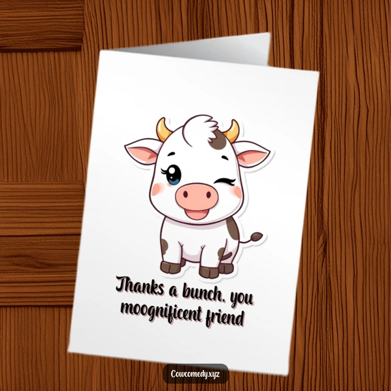 Funny Free Printable Thank You Card: A Kawaii cow winks suggestively, expressing thanks.
