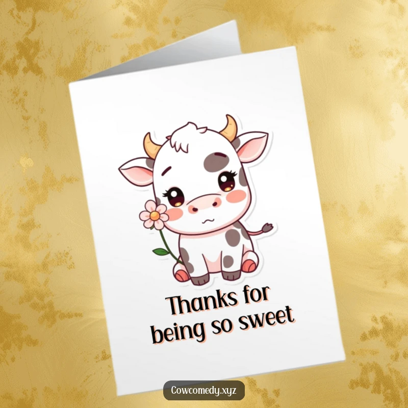 Funny Free Printable Thank You Card: A Kawaii cow with a flower, blushing shyly to express heartfelt thanks.