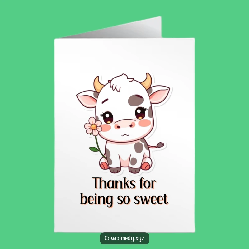 Free Printable Kawaii Cow Blushing Thank You Card: Funny Downloadable Roses for Gratitude