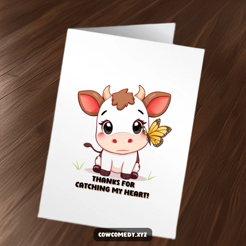 Funny free printable thank you card: a Kawaii cow with big eyes focused on catching a butterfly.