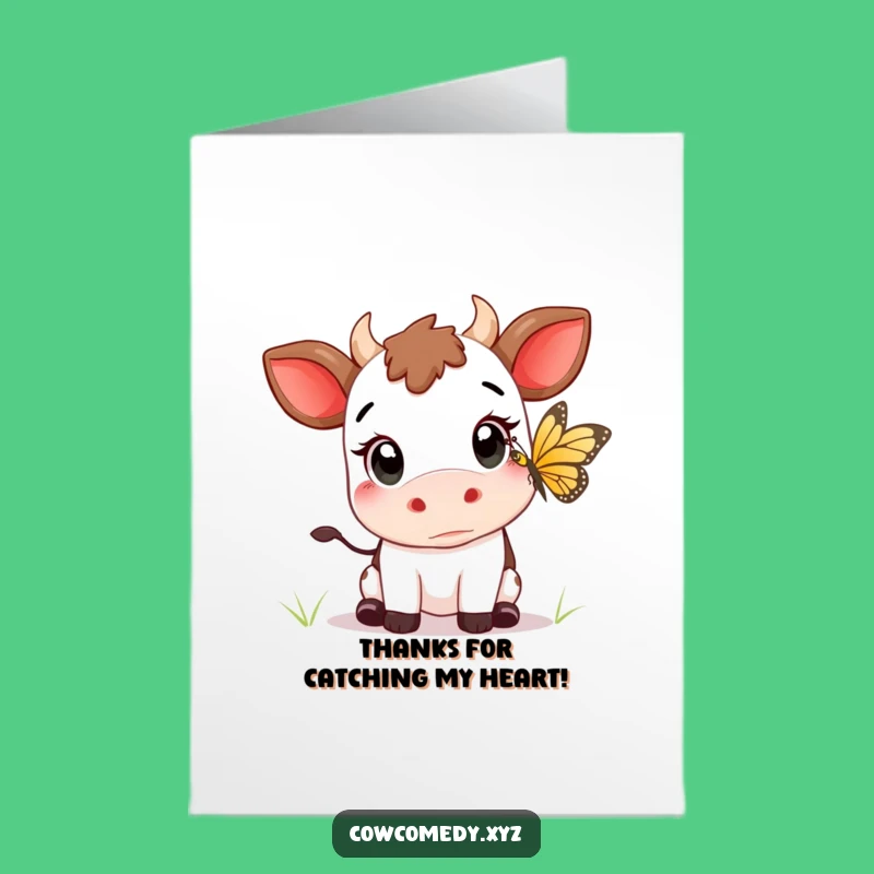 Free Printable Kawaii Cow Butterfly Thank You Card: Wide Eyes Funny Downloadable