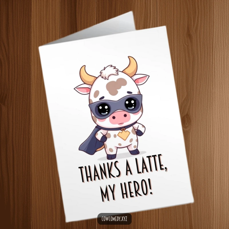 Funny Free Printable Thank You Card: a charming Kawaii cow in a superhero costume, offering a thankful salute.