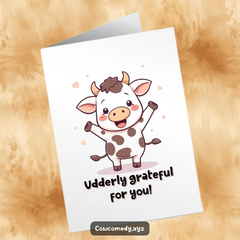 Funny free printable thank you card of a Kawaii cow doing a happy dance with spots flying wildly.
