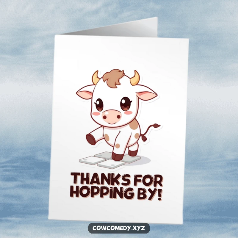Free Printable Kawaii Cow Thank You Card featuring a cute cow character playing hopscotch, a charming way to say thanks.