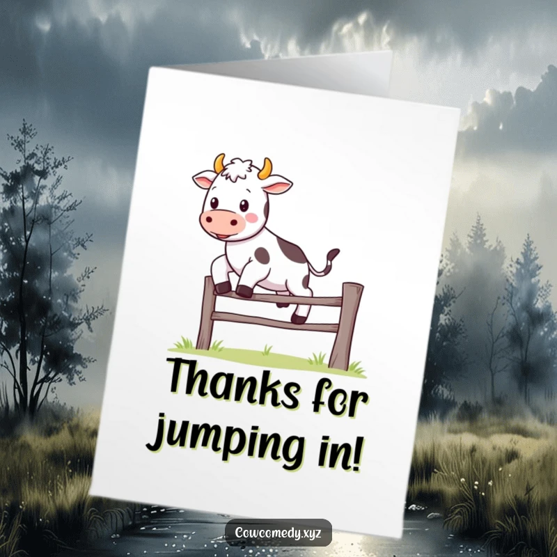 Free Printable Kawaii Cow Thank You Card featuring a cute cow character joyfully jumping over a small fence, a sweet way to say thanks.