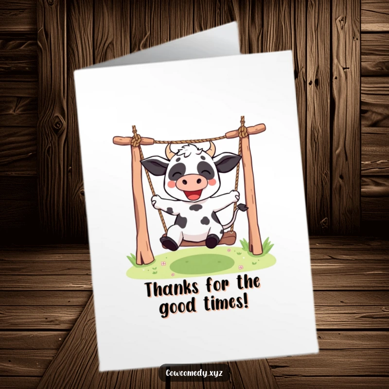 Free Printable Kawaii Cow Thank You Card featuring a cute cow character swinging on a rope swing, a fun way to say thank you.