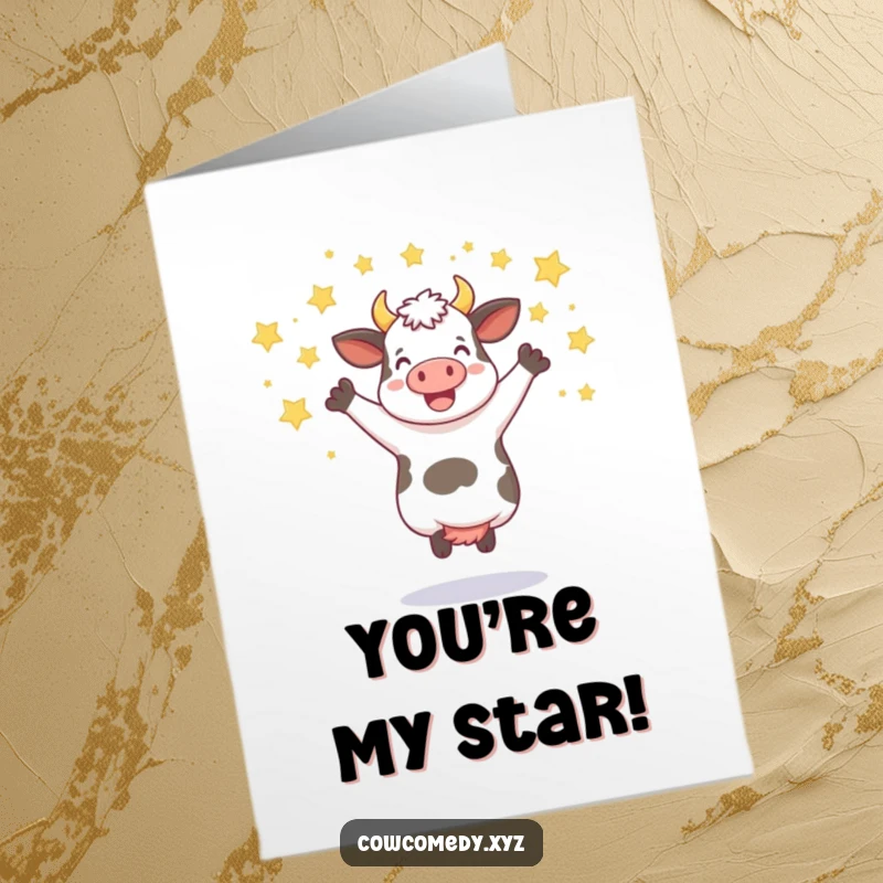 Funny Free Printable Thank You Card featuring a lively cow jumping through a shower of stars. A unique downloadable gift.