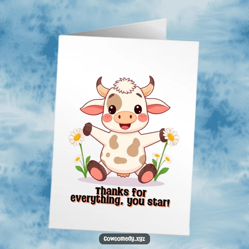 Funny Free Printable Thank You Card: A cheerful kawaii cow juggling big daisies with its hooves, bringing smiles.