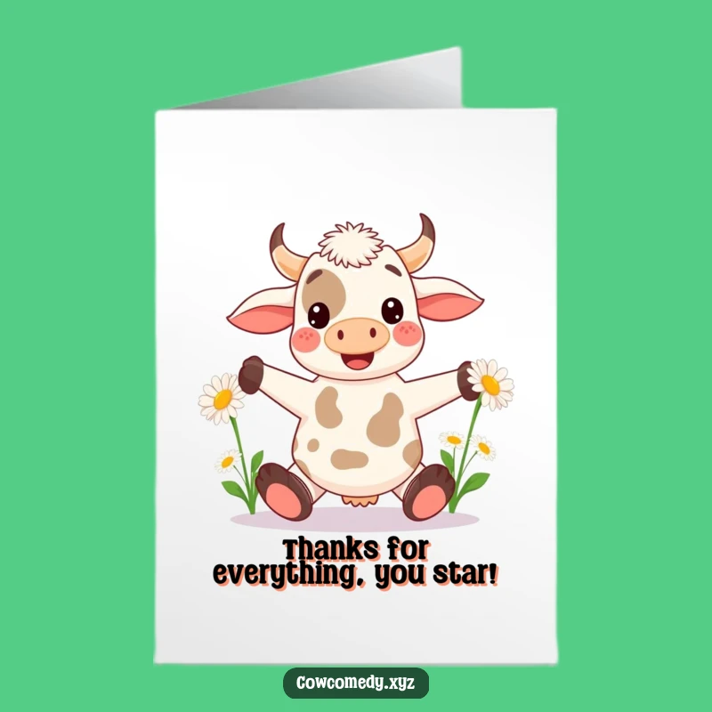Free Printable Thank You Card: Cheerful Kawaii Cow Juggling Daisies, Downloadable Gratitude