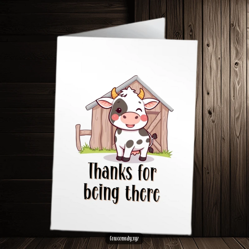 Funny free printable thank you card: A cow playfully bumps its head against a barn, a cute downloadable.