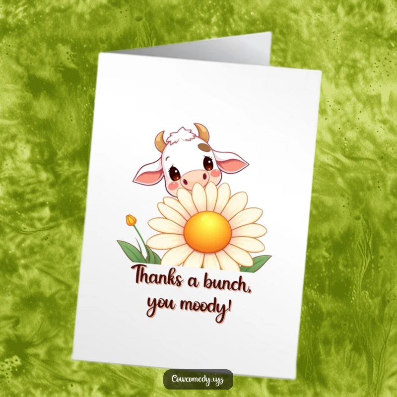 Funny Free Printable Thank You Card: Curious cow peeking over a giant daisy, conveying thanks with a playful expression.