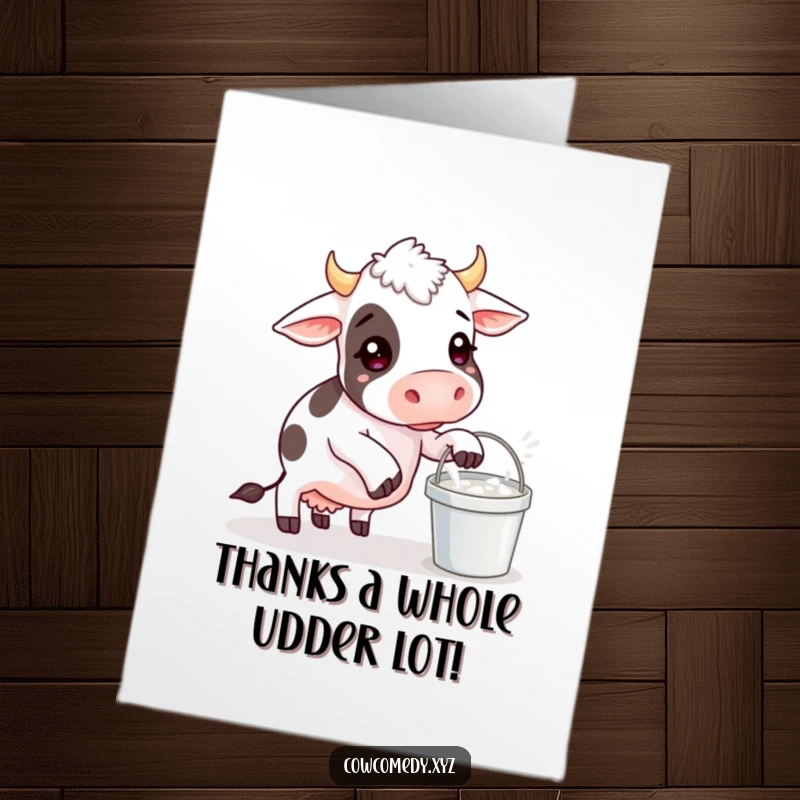 Funny free printable thank you card: Cow comically attempts to balance a milk bucket, a charming downloadable.