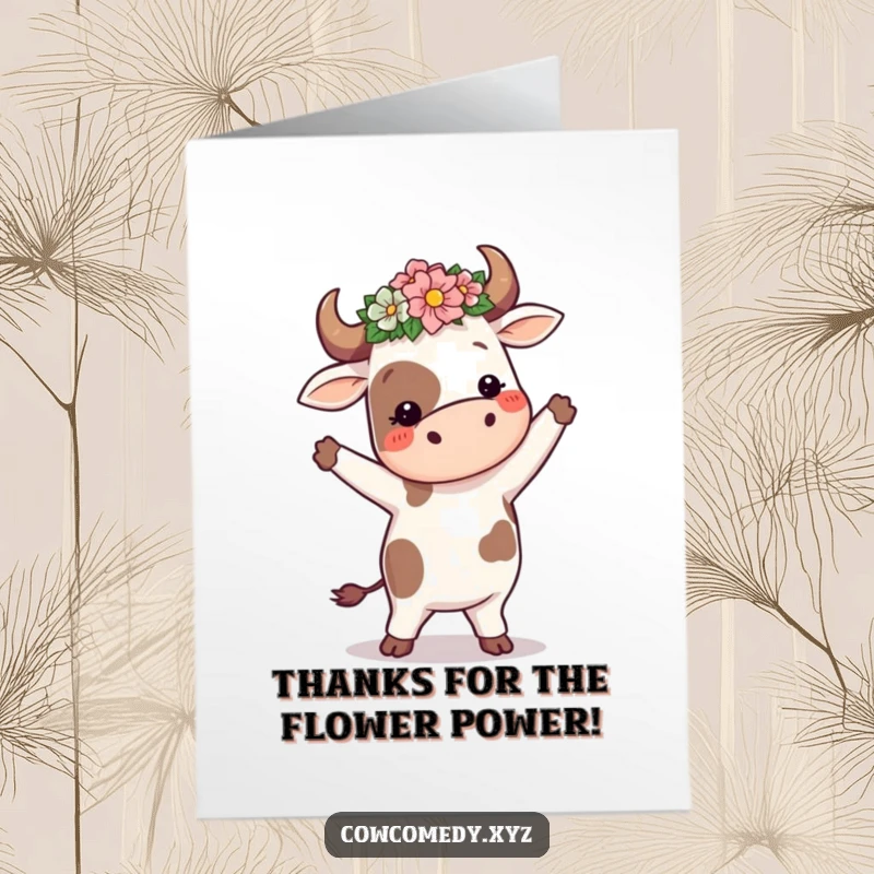 Funny Free Printable Thank You Card: Cow in a flower crown doing a happy, silly dance to show thanks.