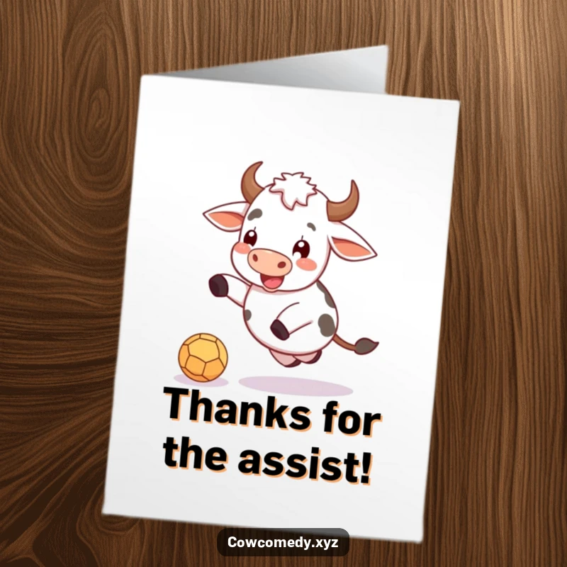 Funny Free Printable Thank You Card: Cartoon cow kicking a ball, expressing thanks with humor.