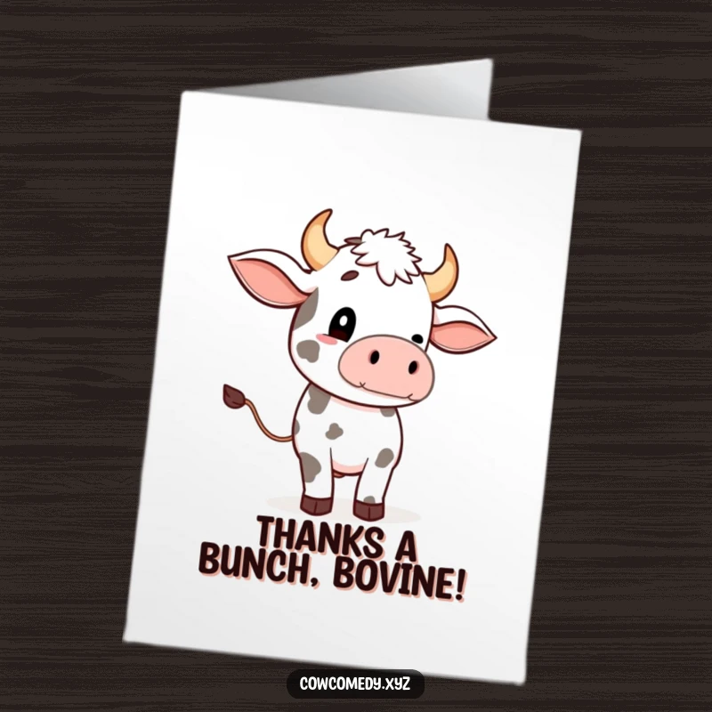 Funny Free Printable Thank You Card: Cow's exaggerated tail wave, expressing thanks with cute cartoon style.