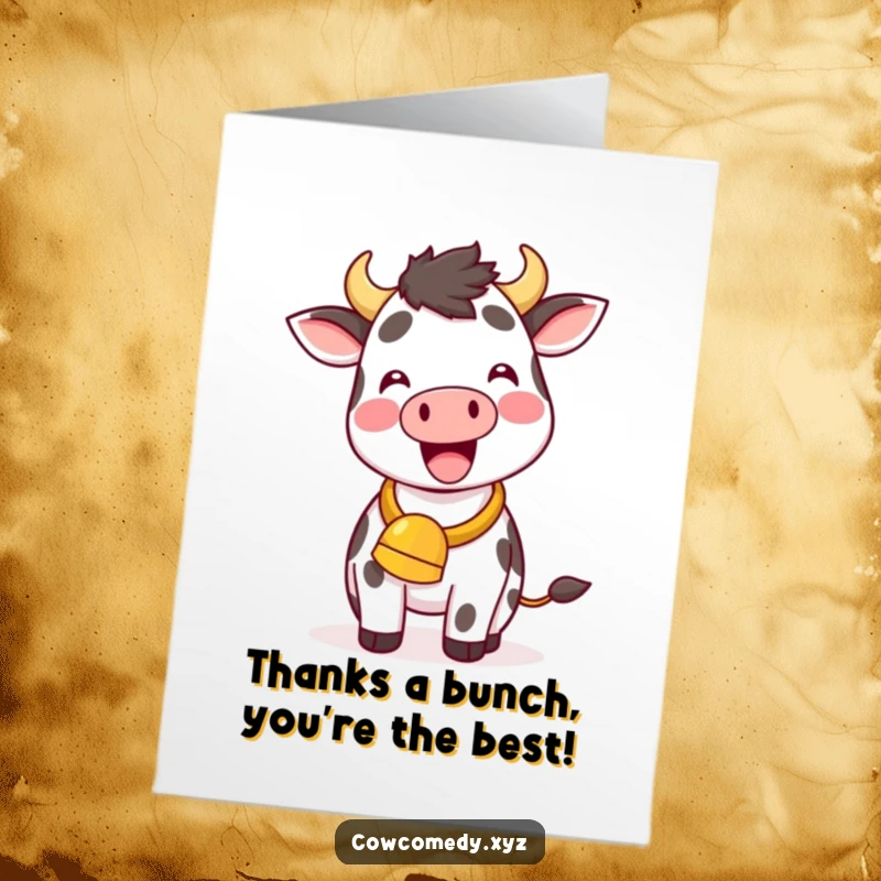 Funny Free Printable Thank You Card: A happy kawaii cow ringing its bell to express deep gratitude, a downloadable gift.