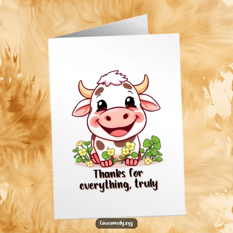 Funny free printable thank you card: A cow with a wide grin happily eats a bunch of clover.