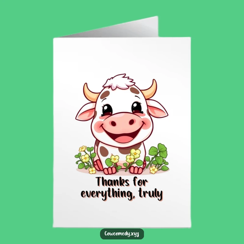 Free Printable Thank You Card: Grinning Cow & Clover, Humorous Downloadable Appreciation