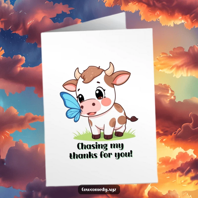 Funny Free Printable Thank You Card: Kawaii cow with wide eyes trying to catch a butterfly, a sweet thank you.
