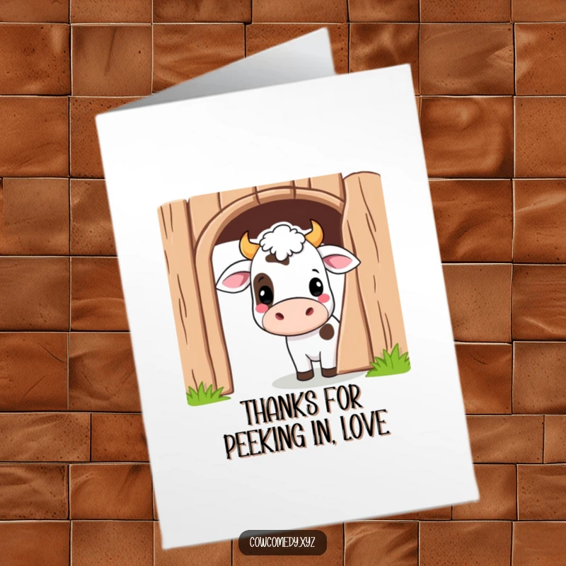 Funny Free Printable Thank You Card: A cute Kawaii cow peeking from behind a barn door, a playful way to show thanks.