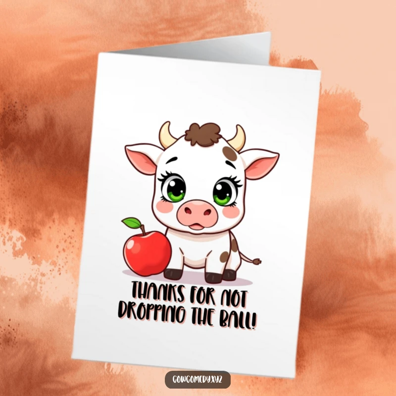 Funny Free Printable Thank You Card: A kawaii cow looking shocked at a falling apple, a heartfelt downloadable gift.