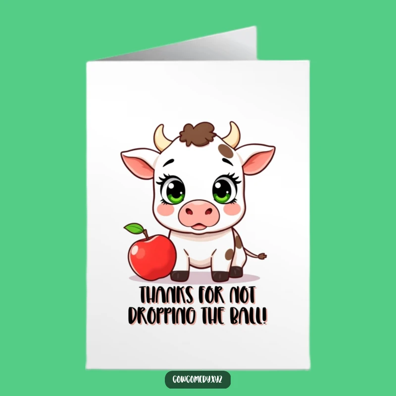 Free Printable Thank You Card: Startled Kawaii Cow & Apple, Cute Downloadable Card