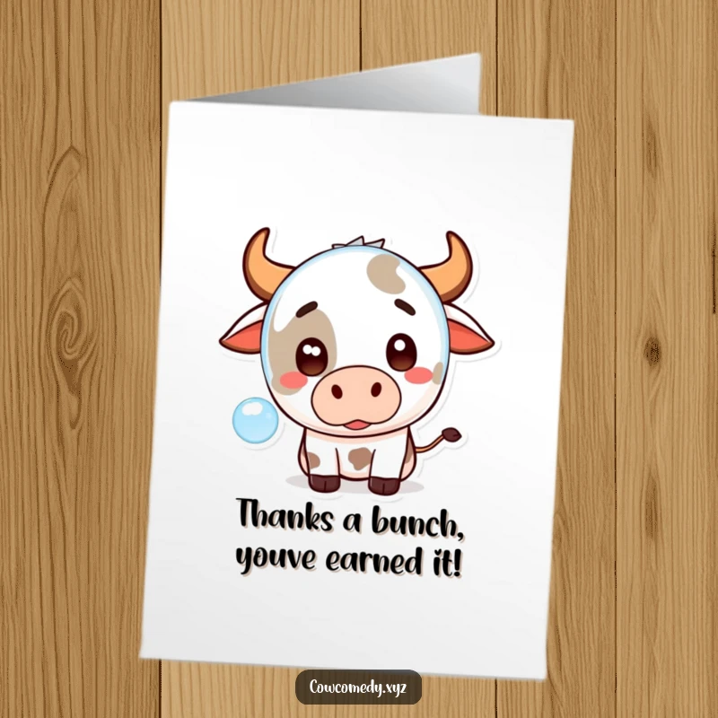 Funny Free Printable Thank You Card: Kawaii cow wide-eyed with surprise, holding a bubble, a unique way to say thanks.