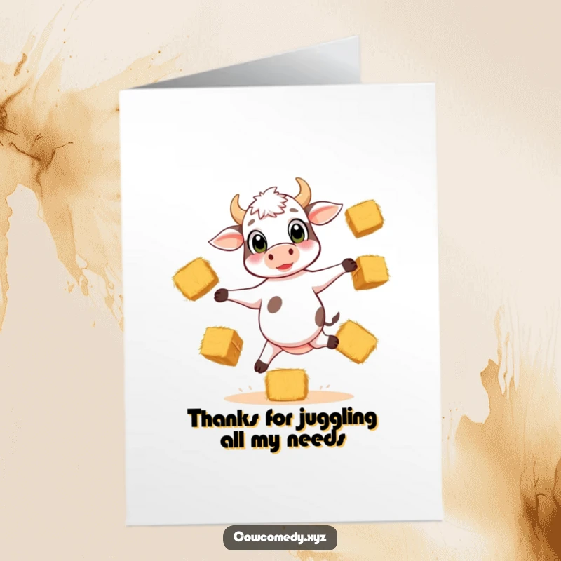 Funny Free Printable Thank You Card: A playful calf with big eyes expertly juggles hay bales on three legs, offering thanks.