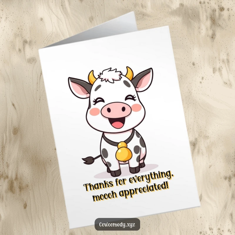 Funny Free Printable Thank You Card: A cow with a bell happily wiggles, conveying thanks with pure, unadulterated joy and a shake.
