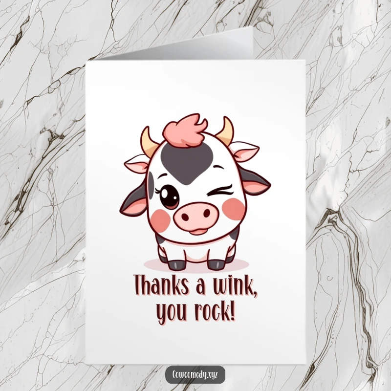 Funny Free Printable Thank You Card: A Kawaii cow with a mischievous wink and grin, a playful way to express thanks.