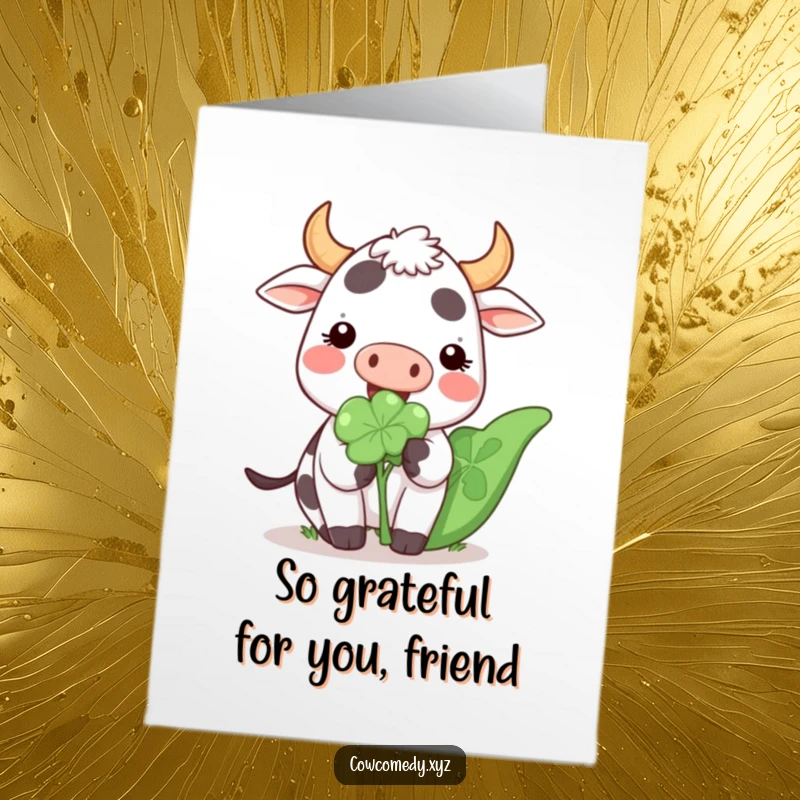 Funny Free Printable Thank You Card: A Kawaii cow with a clover, looking content and grateful, a sweet way to say thanks.
