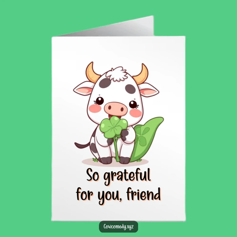 Free Printable Thank You Card: Grateful Kawaii Cow with Clover, Kind Downloadable Gift